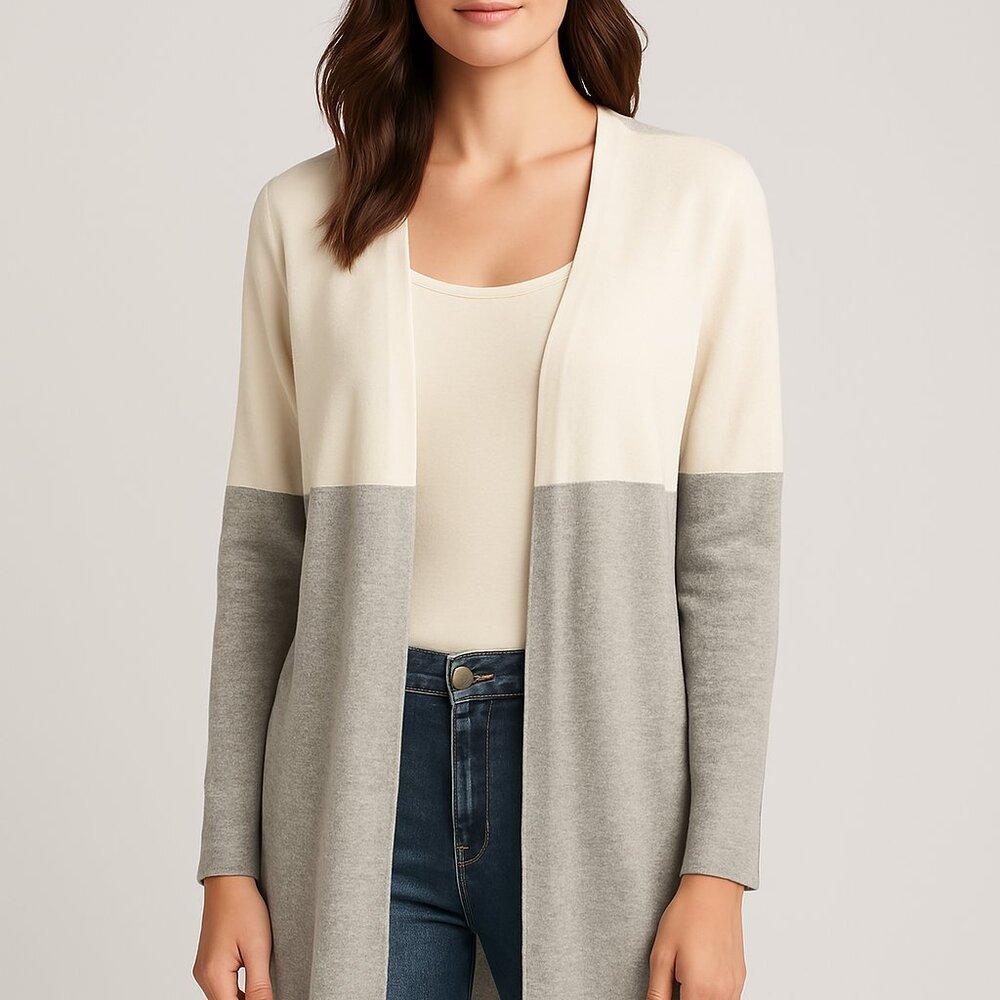 Liz Claiborne Cream & Gray Colorblock Open Front Cardigan - Size Medium